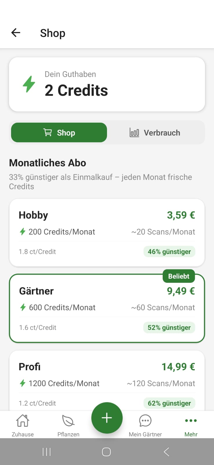 FloraPilot Shop mit Credit-Abos